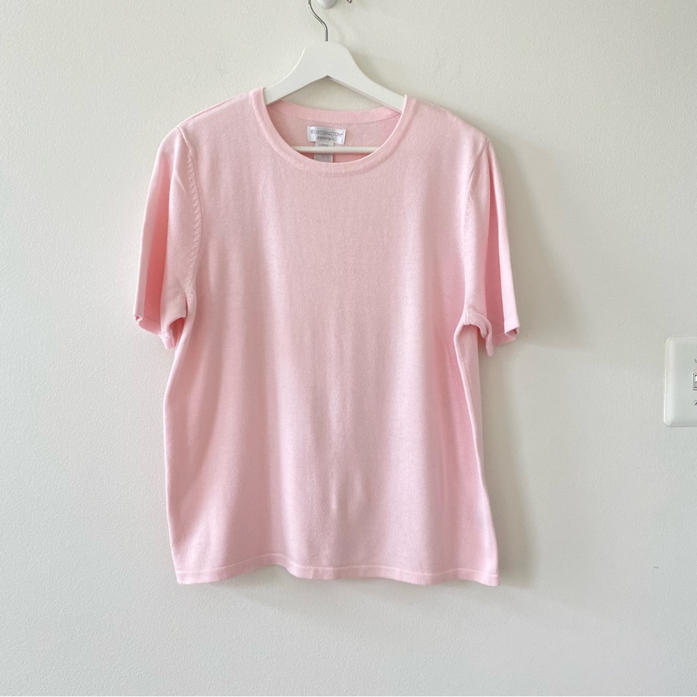 Worthington Women’s Crew Neck Soft Light Pink Short Sleeve Sweater